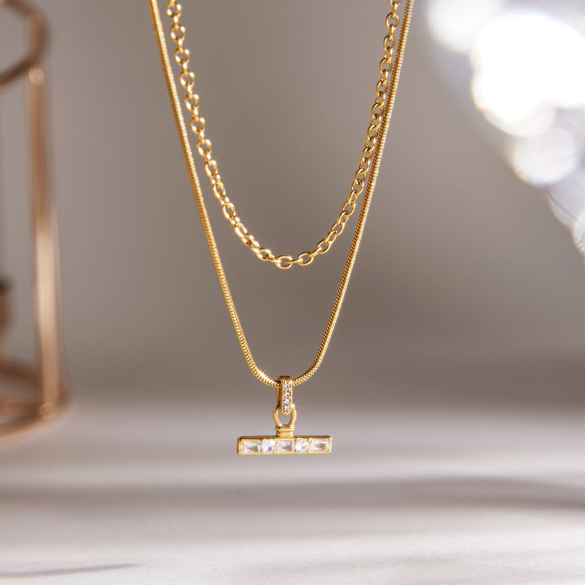 Stainless Steel Double-layer T-bar Pendant Necklace