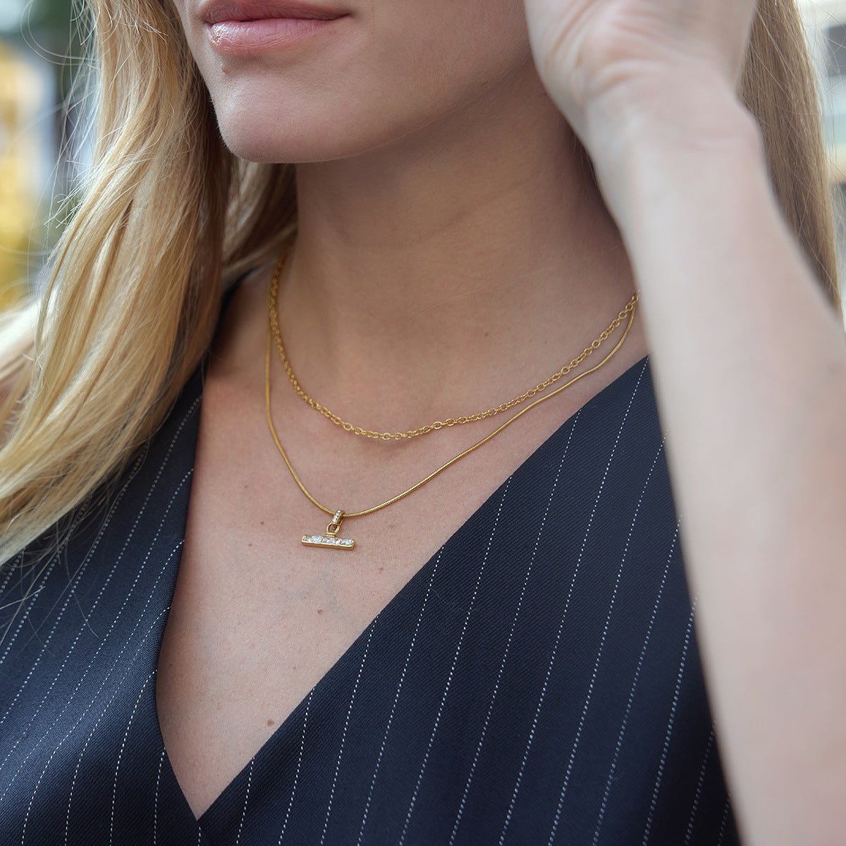 Stainless Steel Double-layer T-bar Pendant Necklace