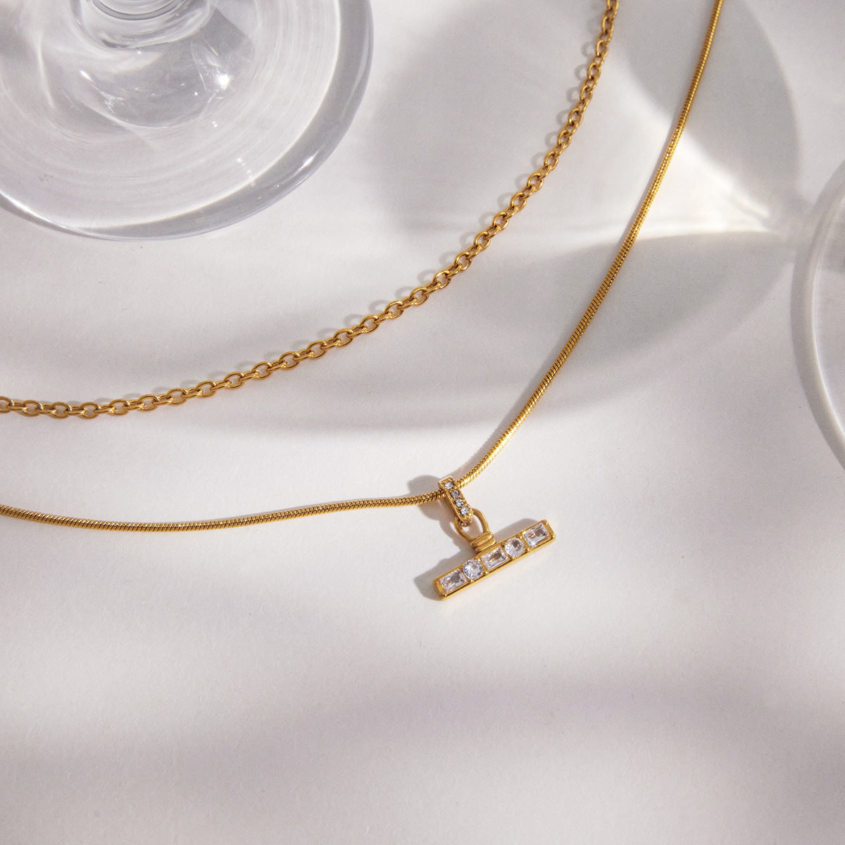 Stainless Steel Double-layer T-bar Pendant Necklace