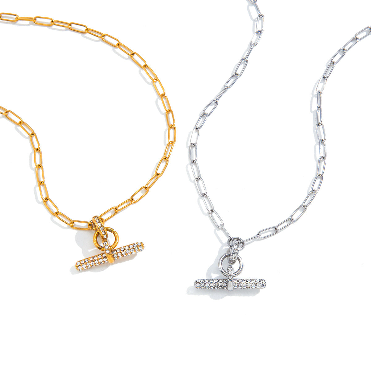 Stainless Steel White Rhinestone T-bar Paperclip Chain Necklace
