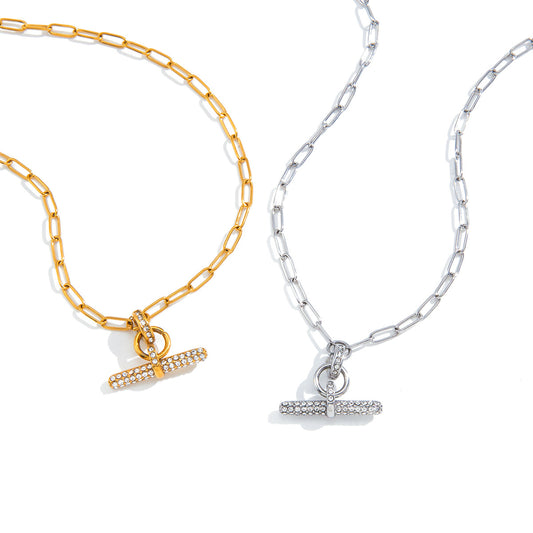 Stainless Steel White Rhinestone T-bar Paperclip Chain Necklace