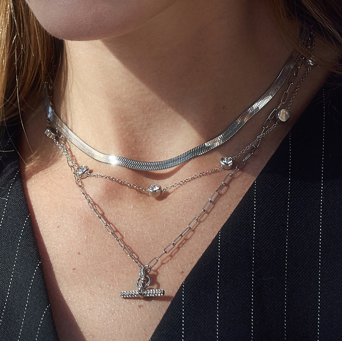 Stainless Steel White Rhinestone T-bar Paperclip Chain Necklace