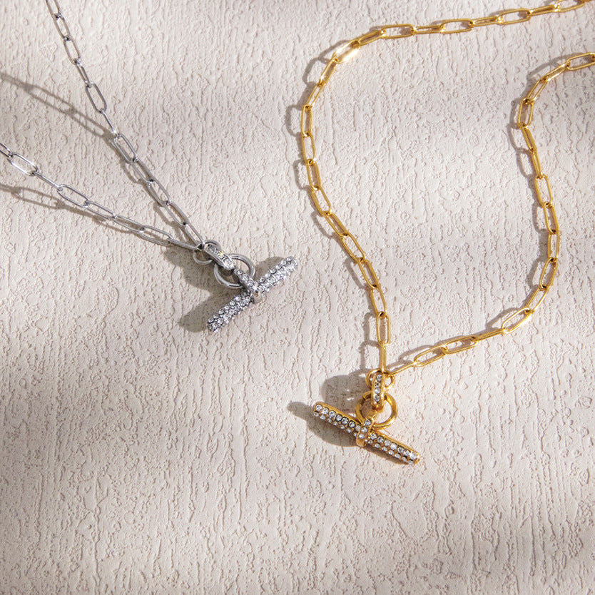 Stainless Steel White Rhinestone T-bar Paperclip Chain Necklace