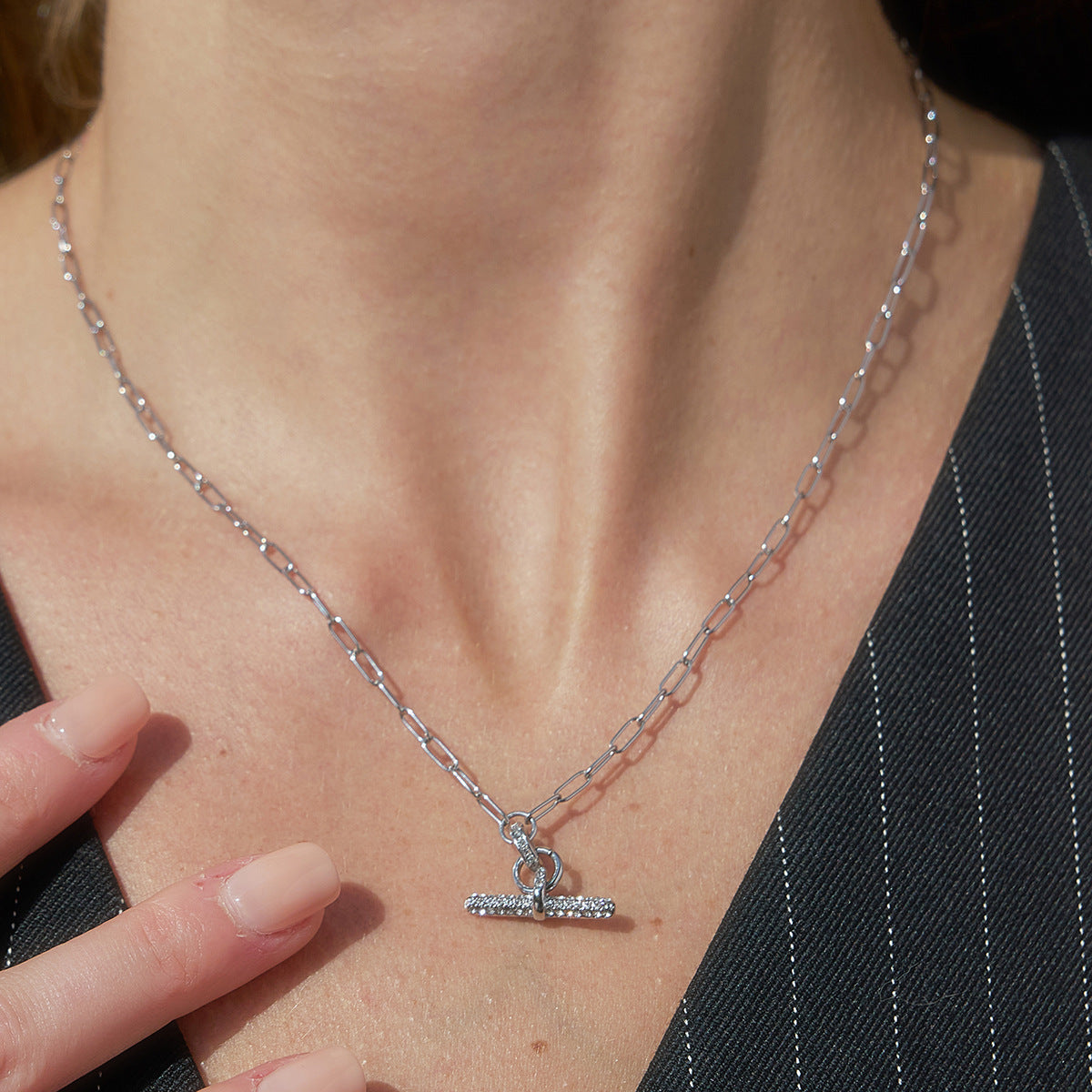 Stainless Steel White Rhinestone T-bar Paperclip Chain Necklace