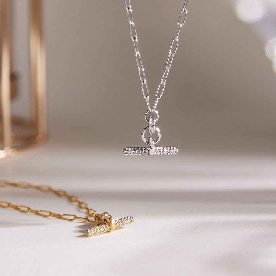Stainless Steel White Rhinestone T-bar Paperclip Chain Necklace