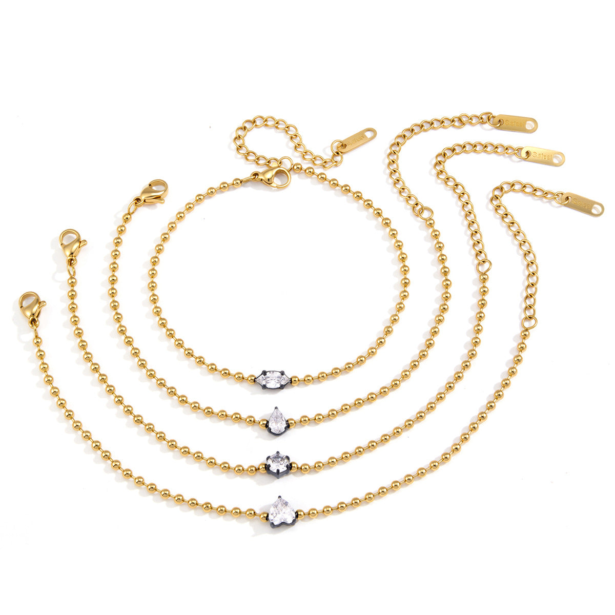 Stainless Steel Water Drop White CZ Bead Chain Bracelet