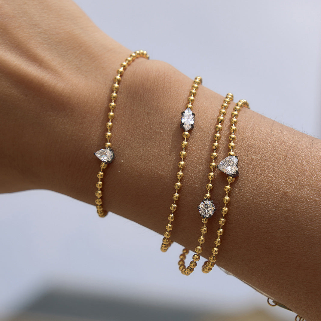 Stainless Steel Water Drop White CZ Bead Chain Bracelet