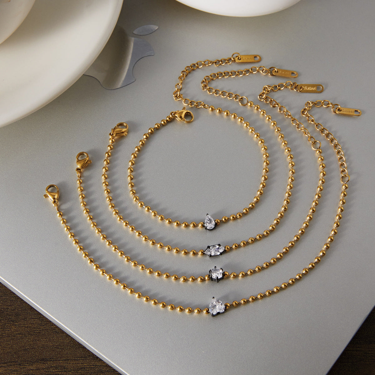 Stainless Steel Water Drop White CZ Bead Chain Bracelet