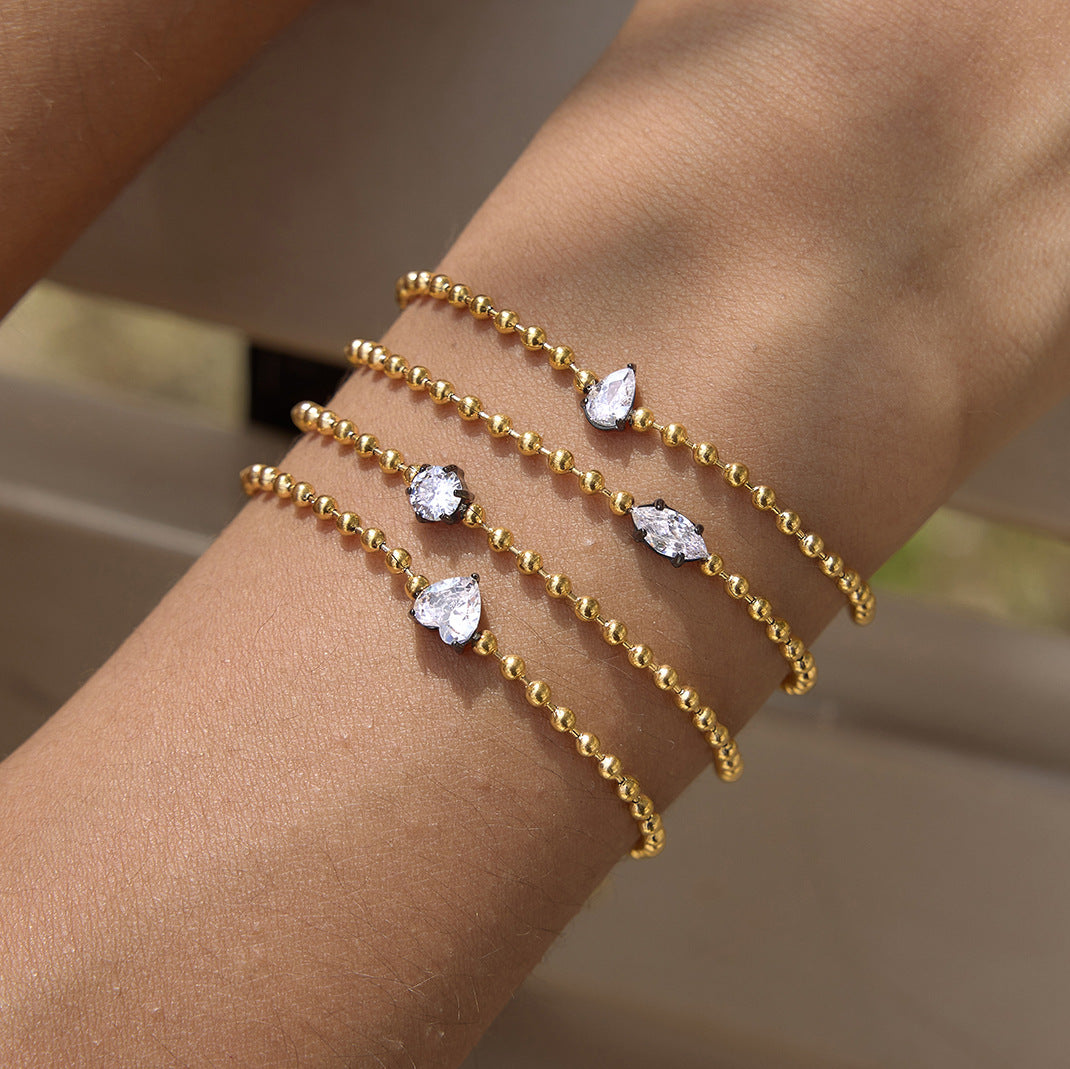 Stainless Steel Water Drop White CZ Bead Chain Bracelet