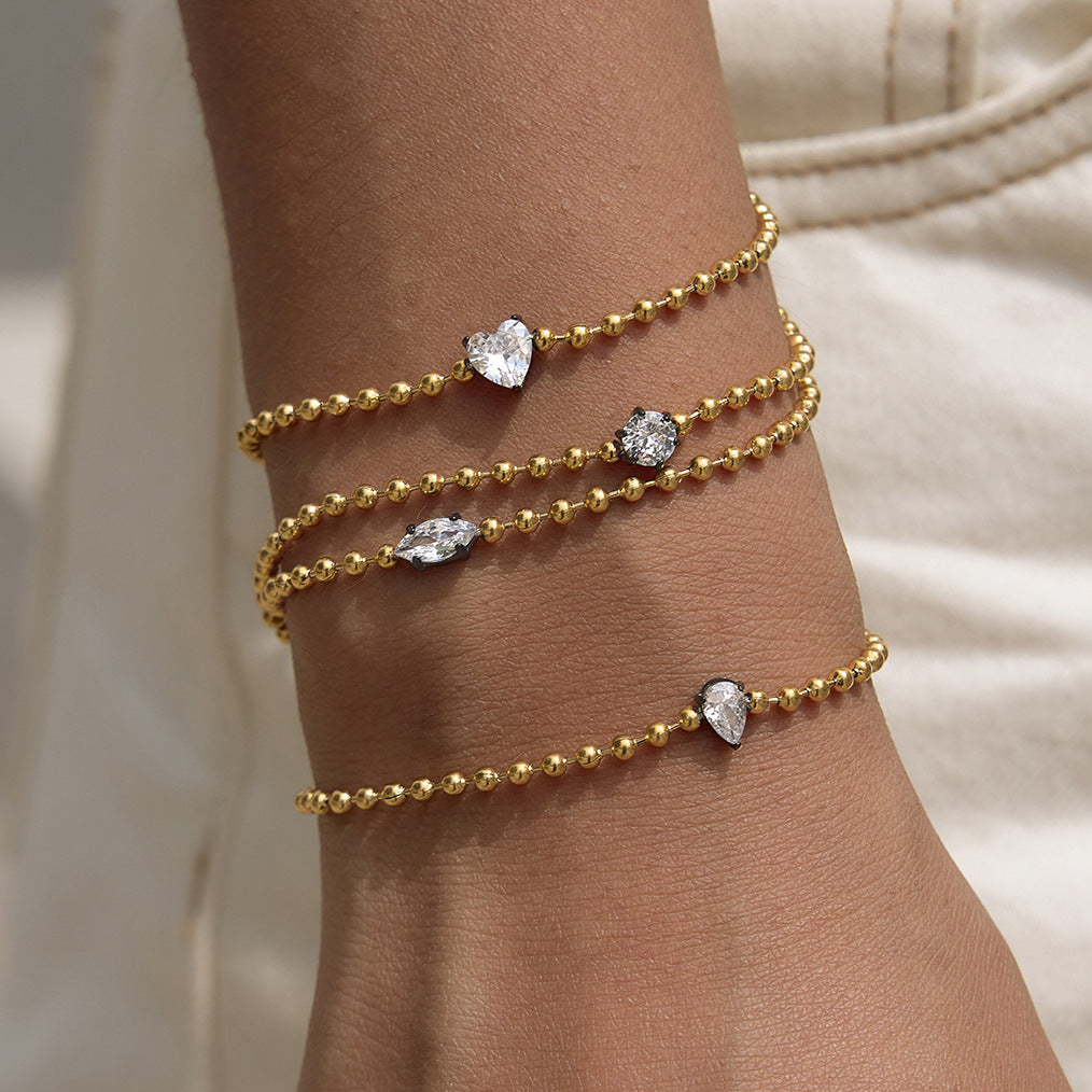 Stainless Steel Water Drop White CZ Bead Chain Bracelet