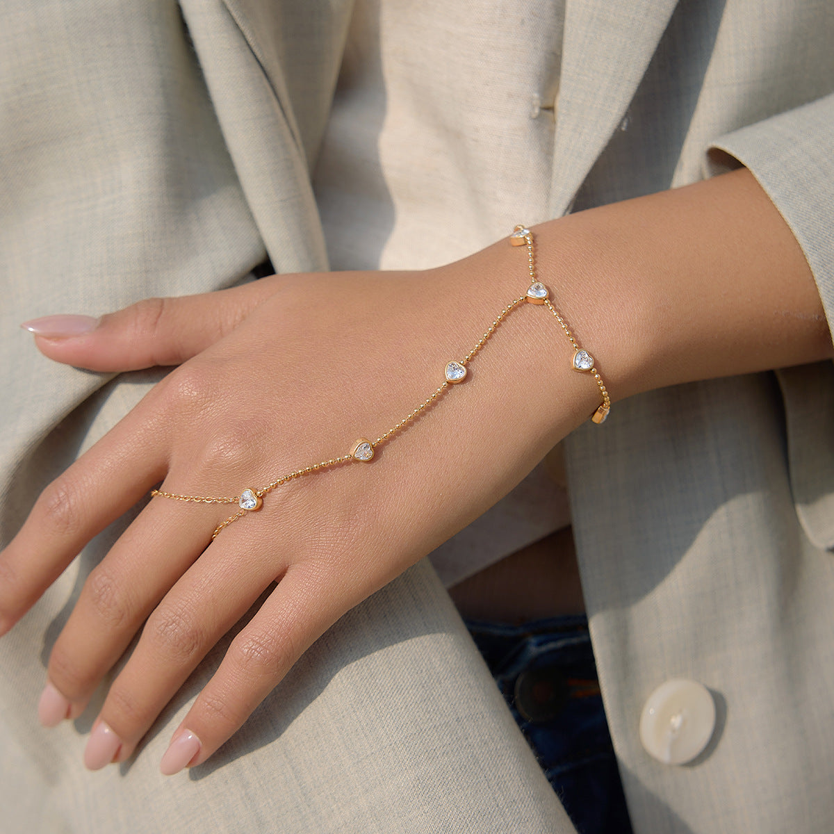 Stainless Steel Heart Cubic Zirconia Hand Chain Bracelet