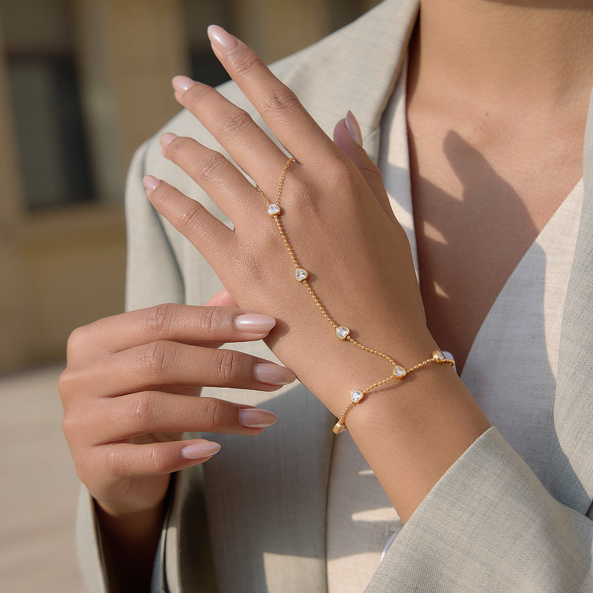 Stainless Steel Heart Cubic Zirconia Hand Chain Bracelet