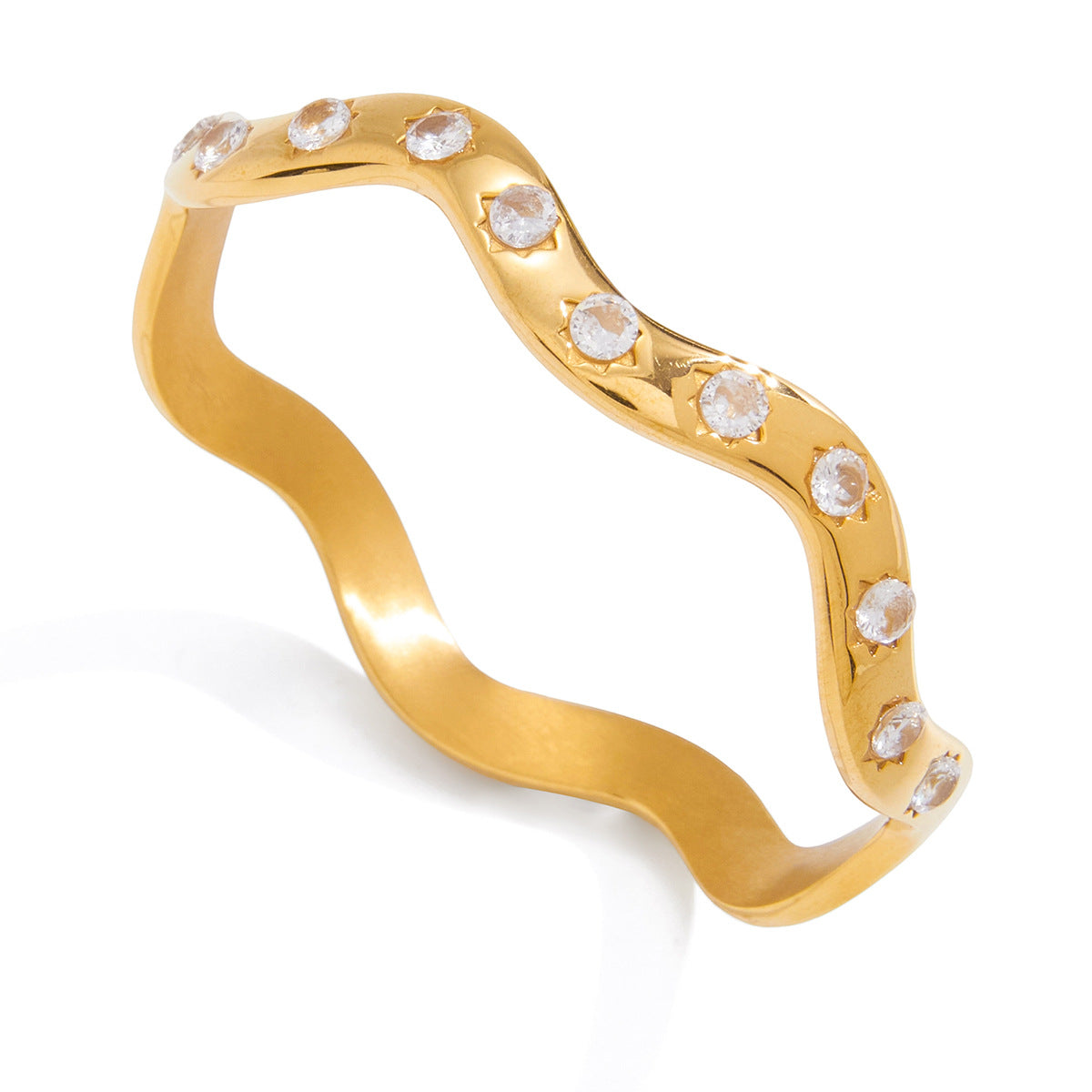 Stainless Steel White Round Cubic Zirconia Sun Wave Bangle