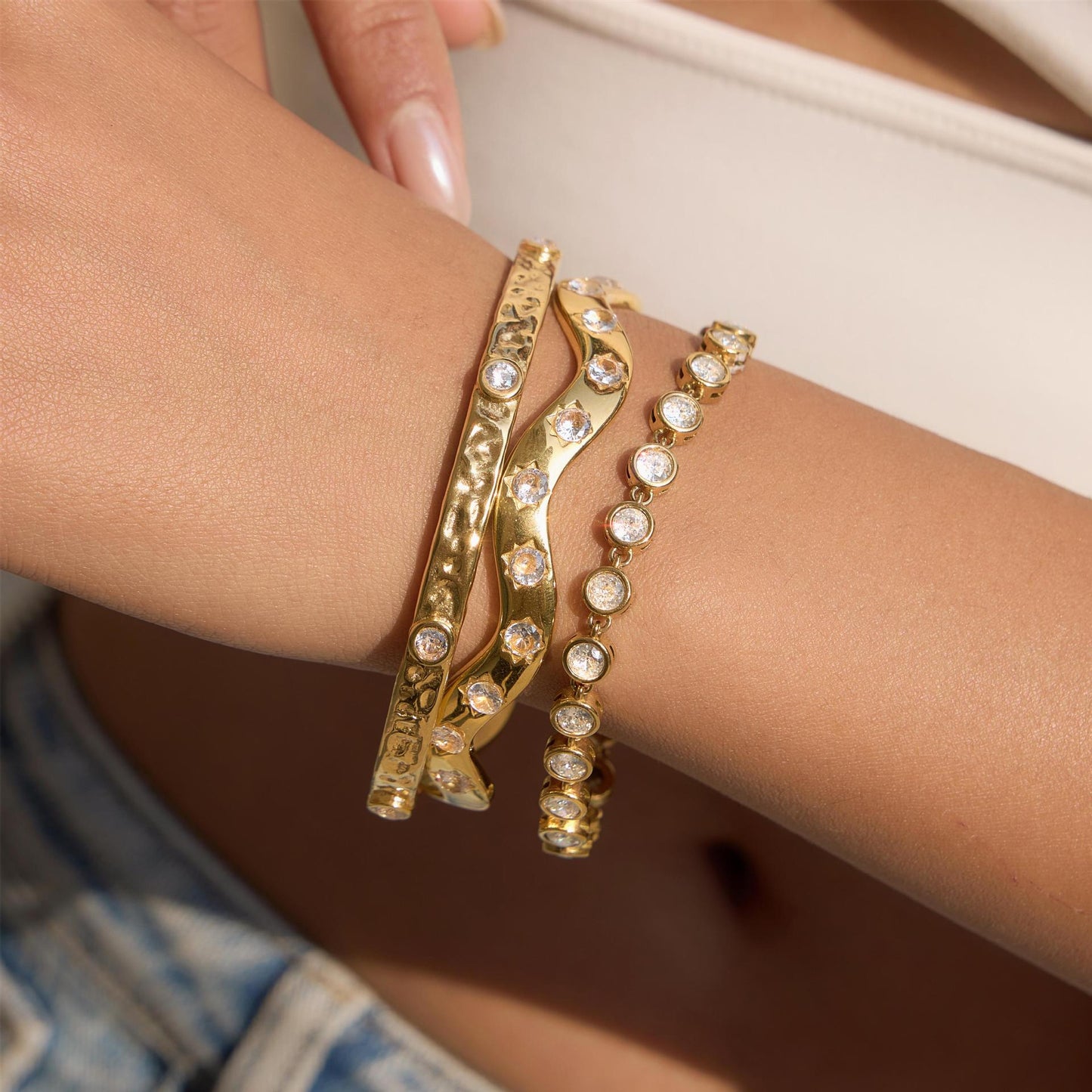 Stainless Steel White Round Cubic Zirconia Sun Wave Bangle