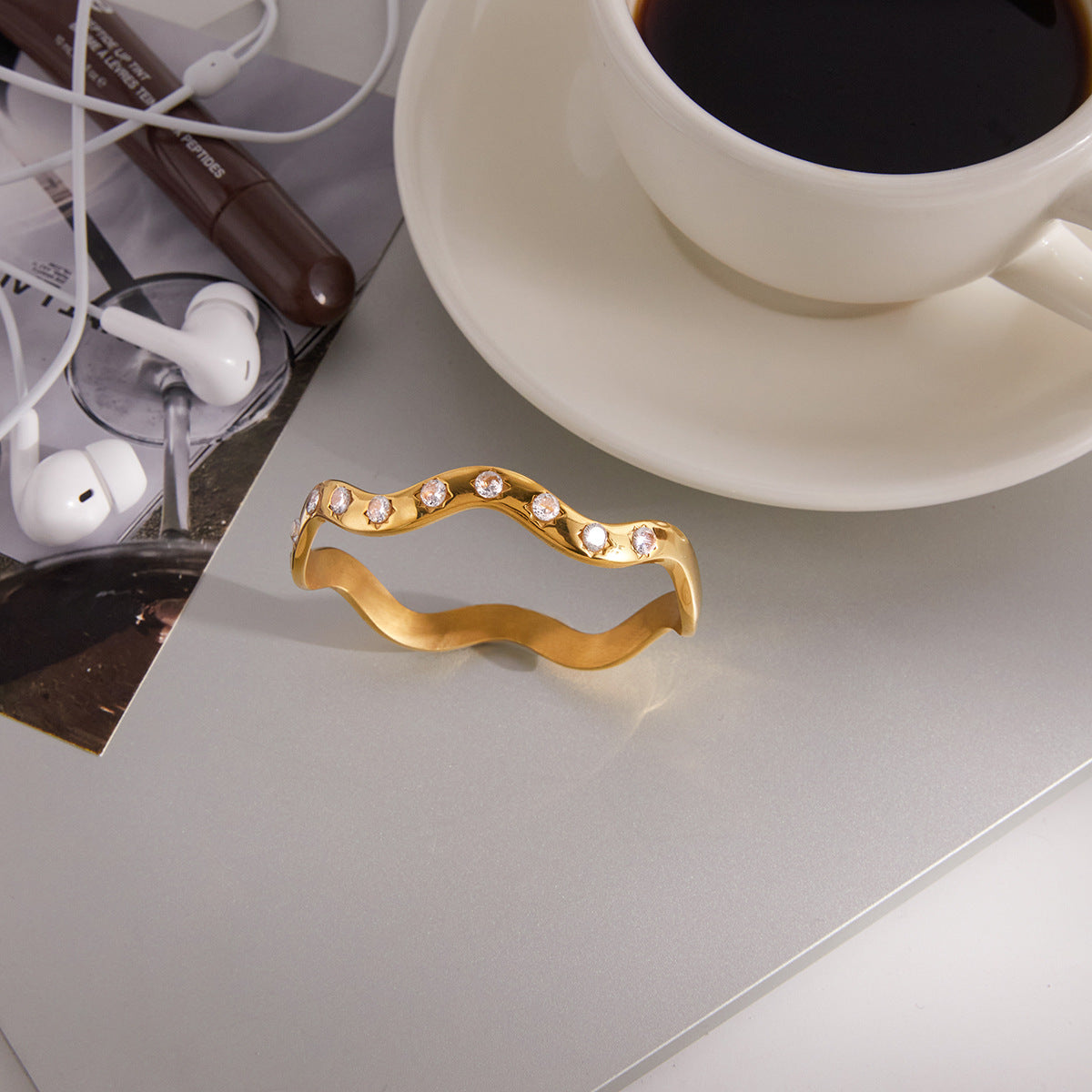 Stainless Steel White Round Cubic Zirconia Sun Wave Bangle