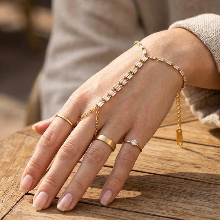 Stainless Steel White Square Cubic Zirconia Hand Chain Bracelet