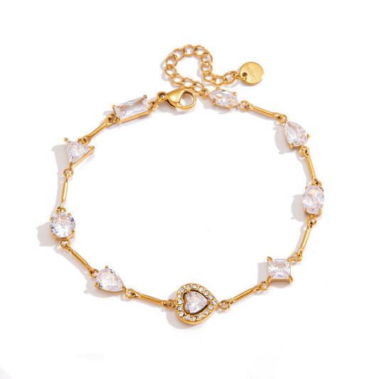 Stainless Steel 18K Gold PVD Heart Cubic Zirconia Bracelet