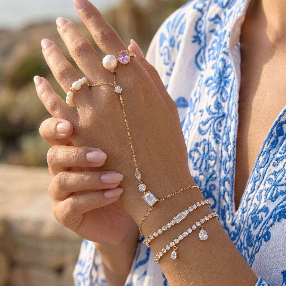 Stainless Steel Heart Cubic Zirconia Hand Chain Stackable Bracelet