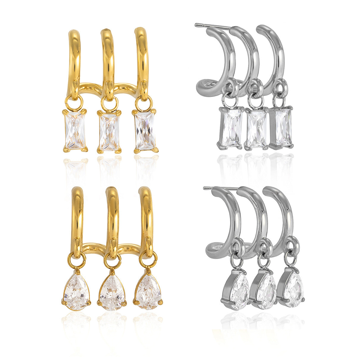 Stainless Steel CZ Three-layer Hollow C-shaped Stud Earrings
