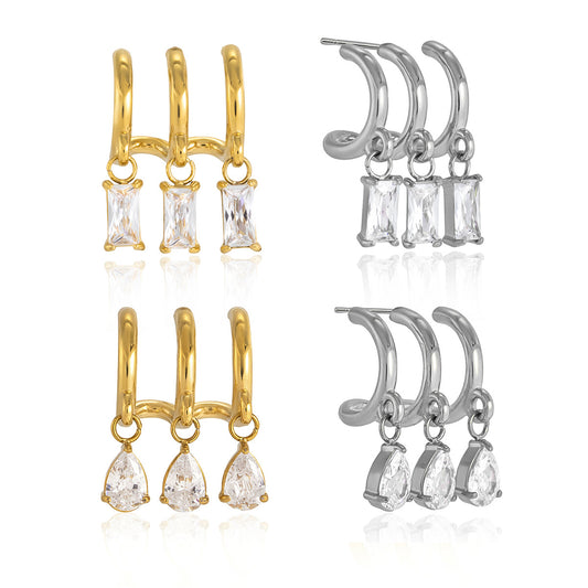 Stainless Steel CZ Three-layer Hollow C-shaped Stud Earrings