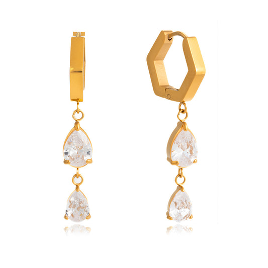 Stainless Steel Geometric Water Drop CZ Pendant Earrings