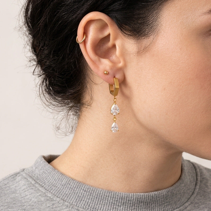 Stainless Steel Geometric Water Drop CZ Pendant Earrings