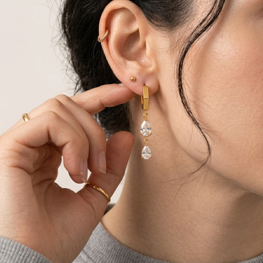 Stainless Steel Geometric Water Drop CZ Pendant Earrings