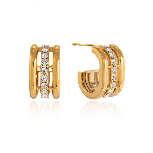 Stainless Steel Three-layer Hollowed White Rhinestone C-shaped Earrings