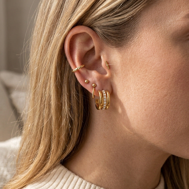 Stainless Steel Three-layer Hollowed White Rhinestone C-shaped Earrings