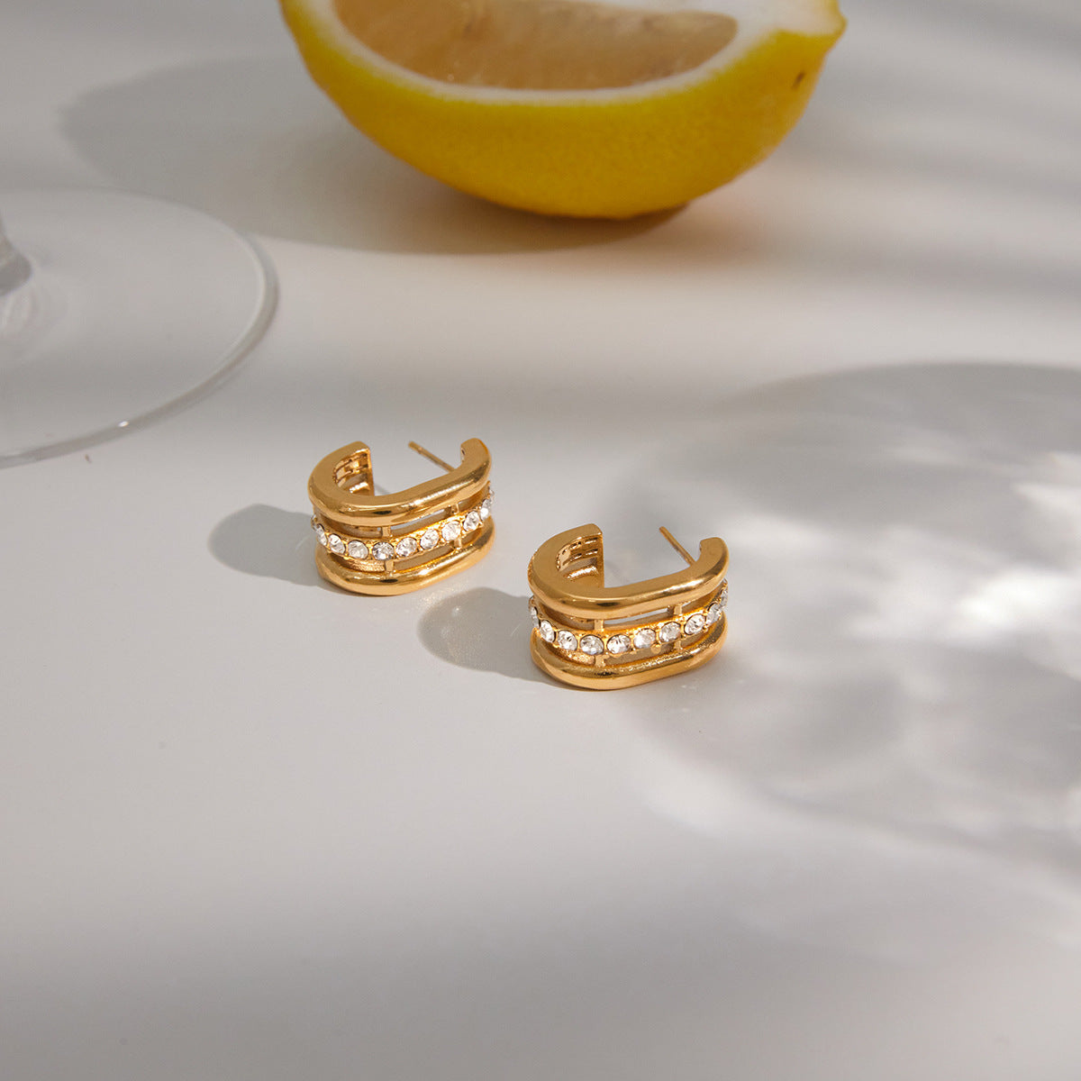 Stainless Steel Three-layer Hollowed White Rhinestone C-shaped Earrings