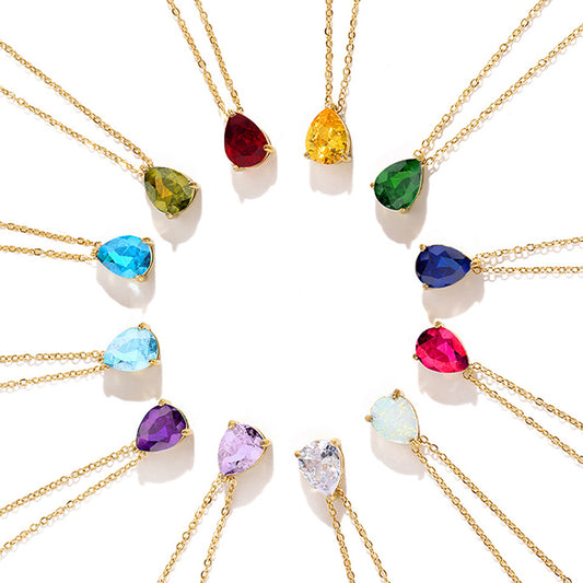 Stainless Steel Water Droplet CZ Birthstone Pendant Necklace