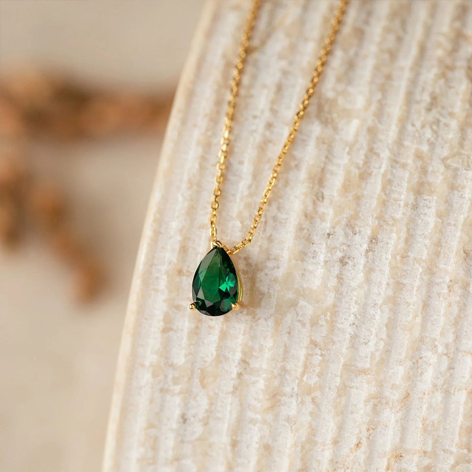 Stainless Steel Water Droplet CZ Birthstone Pendant Necklace