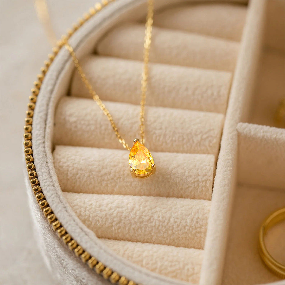 Stainless Steel Water Droplet CZ Birthstone Pendant Necklace