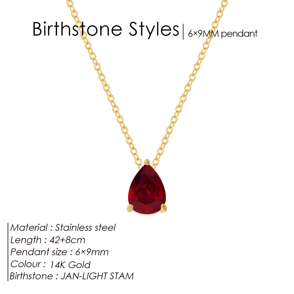 Stainless Steel Water Droplet CZ Birthstone Pendant Necklace