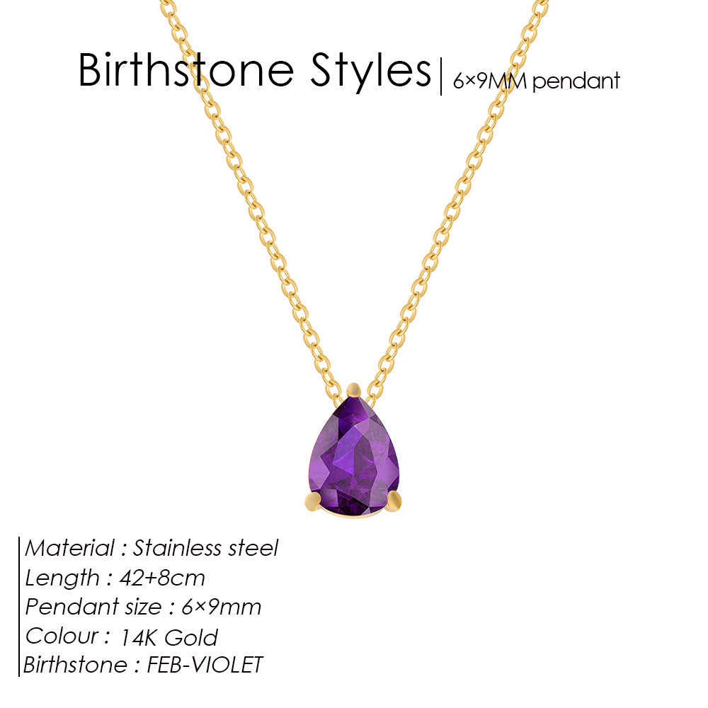 Stainless Steel Water Droplet CZ Birthstone Pendant Necklace