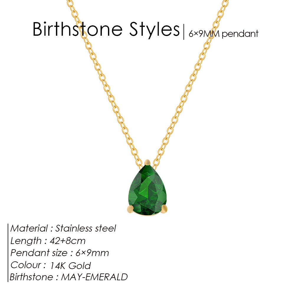 Stainless Steel Water Droplet CZ Birthstone Pendant Necklace