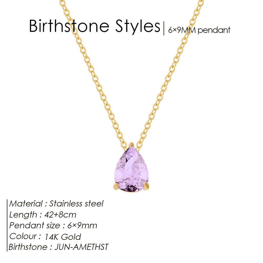 Stainless Steel Water Droplet CZ Birthstone Pendant Necklace