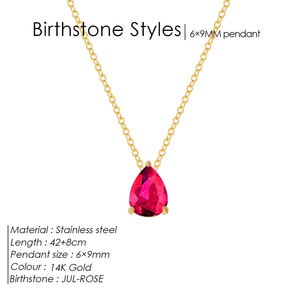 Stainless Steel Water Droplet CZ Birthstone Pendant Necklace
