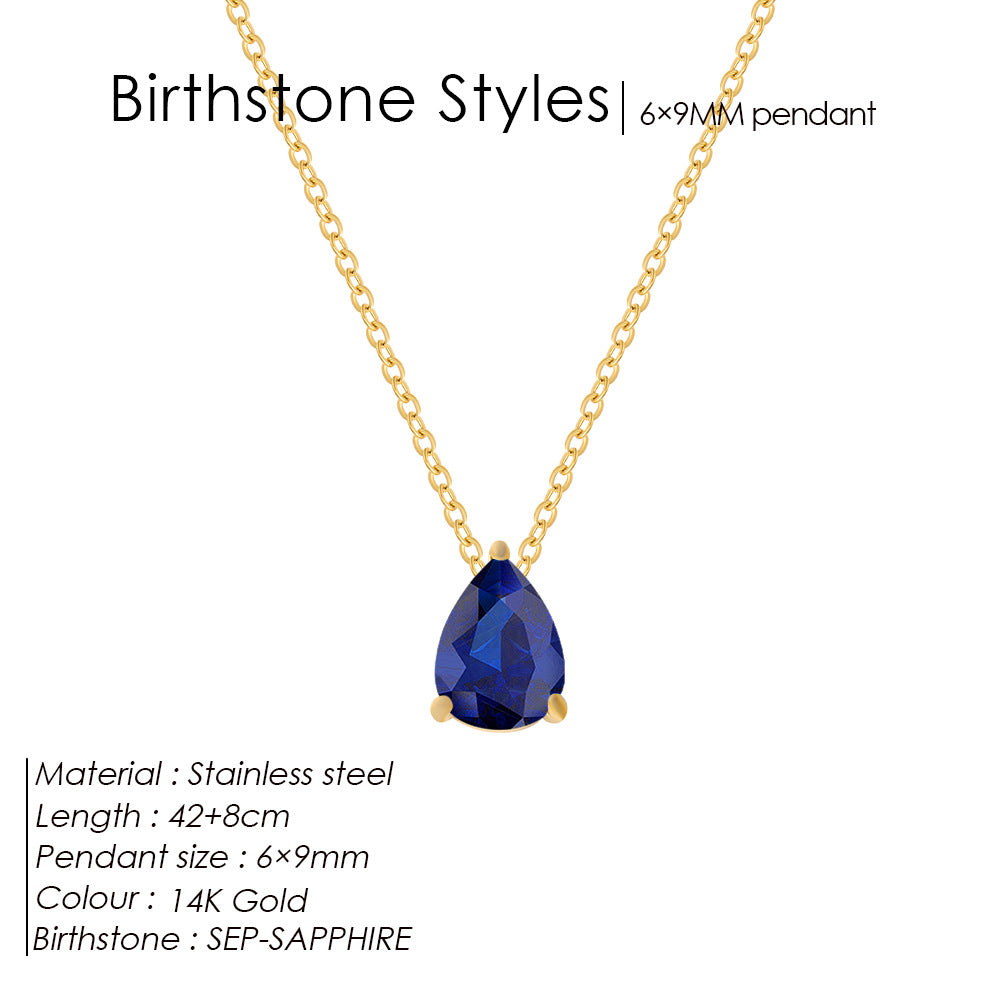 Stainless Steel Water Droplet CZ Birthstone Pendant Necklace
