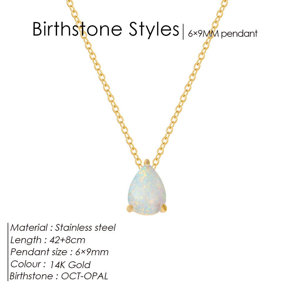 Stainless Steel Water Droplet CZ Birthstone Pendant Necklace