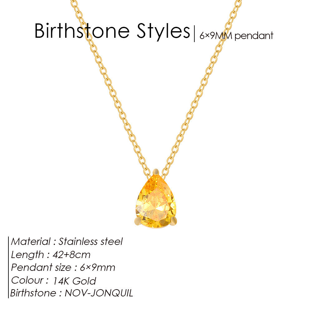 Stainless Steel Water Droplet CZ Birthstone Pendant Necklace