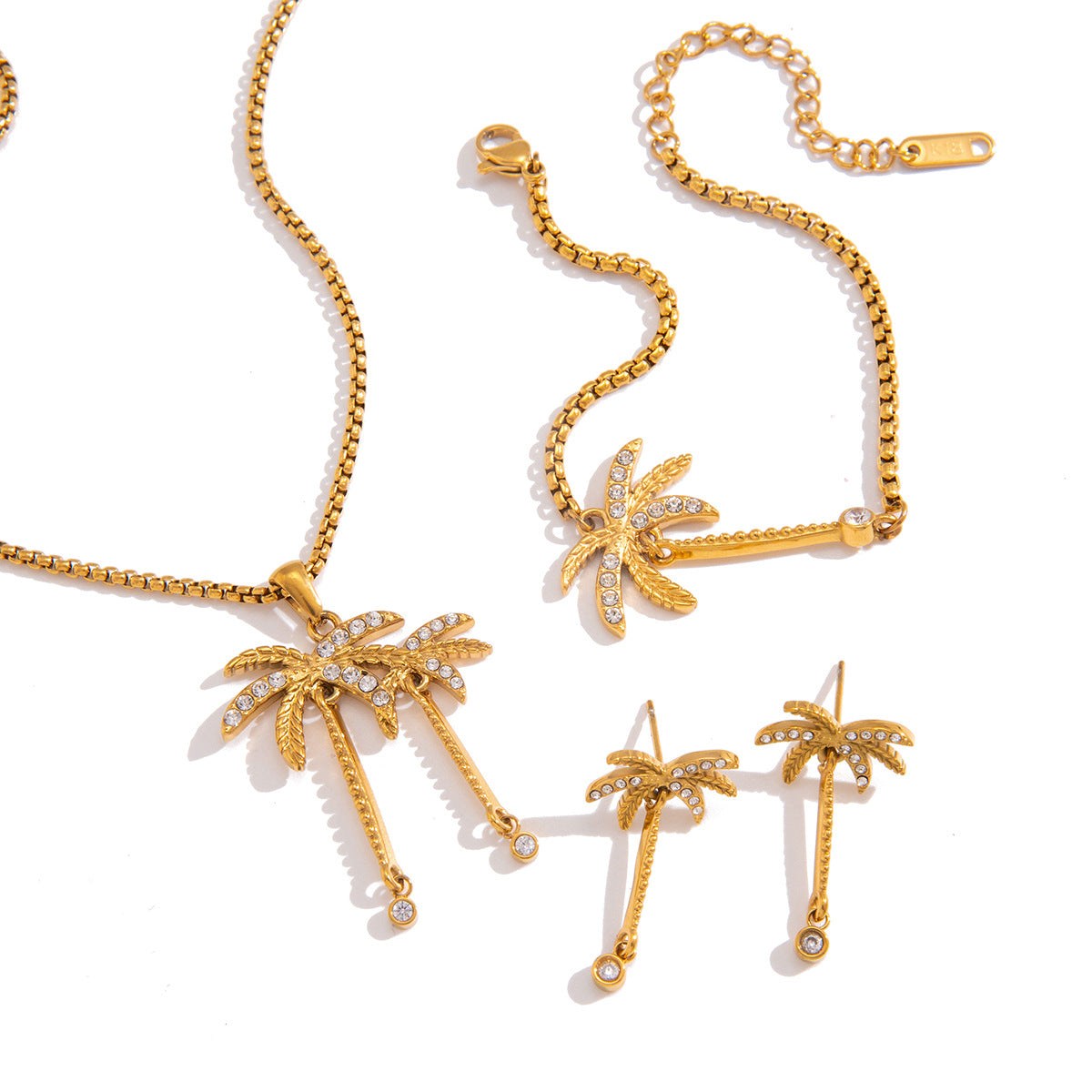 Stainless Steel Coconut Tree Necklace Earrings Bracelet Ring Jewelry Set