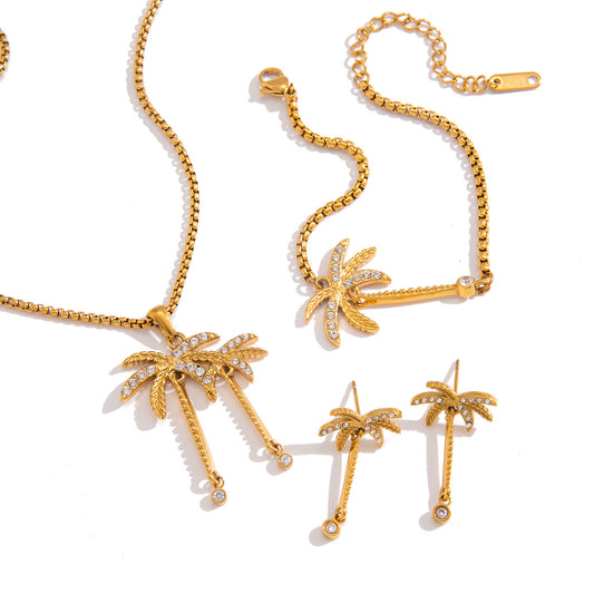 Stainless Steel Coconut Tree Necklace Earrings Bracelet Ring Jewelry Set