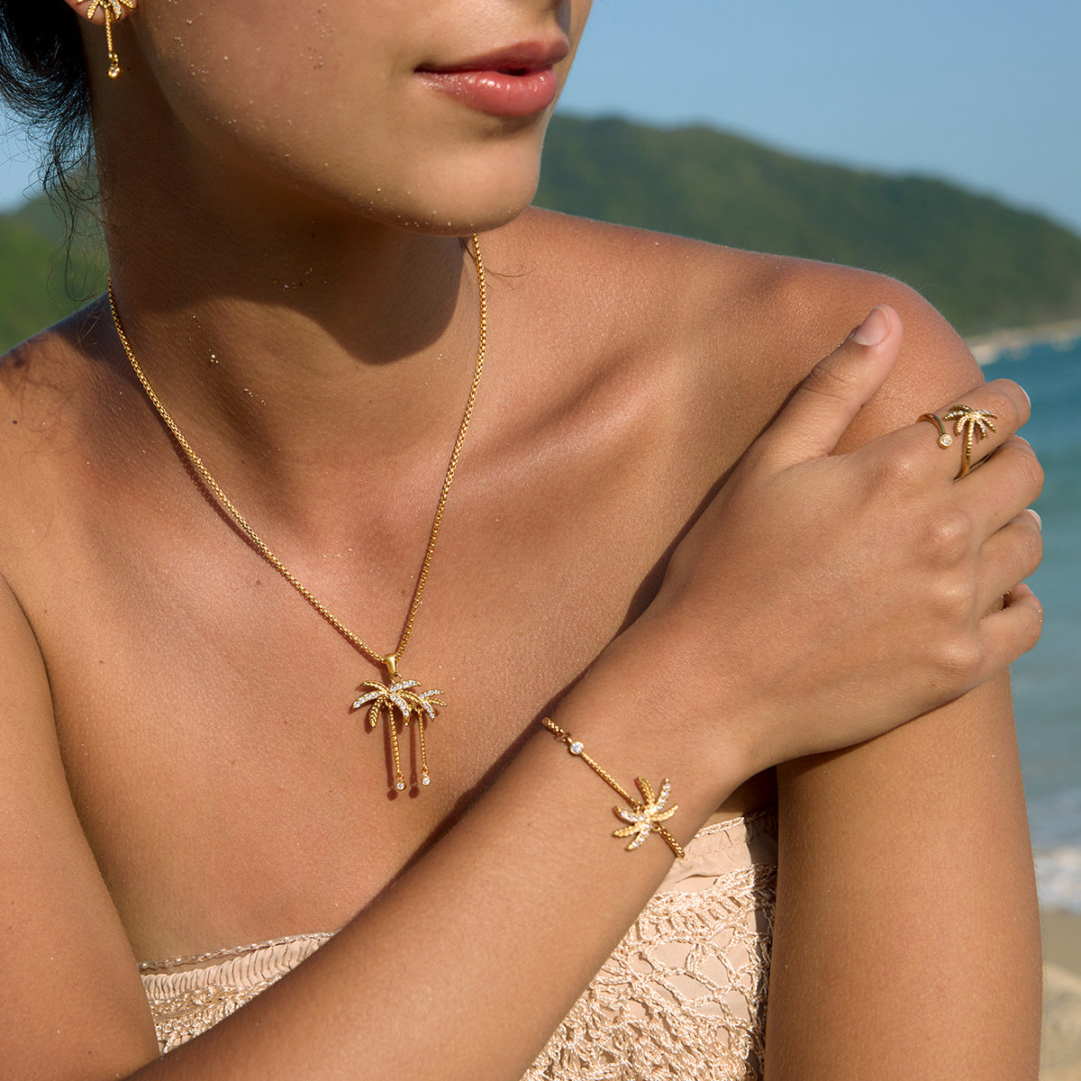 Stainless Steel Coconut Tree Necklace Earrings Bracelet Ring Jewelry Set