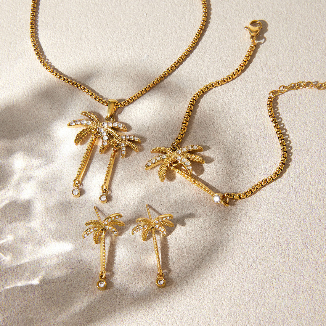 Stainless Steel Coconut Tree Necklace Earrings Bracelet Ring Jewelry Set