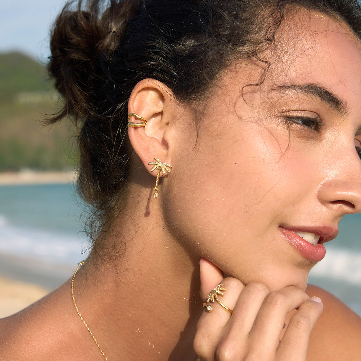 Stainless Steel Coconut Tree Necklace Earrings Bracelet Ring Jewelry Set