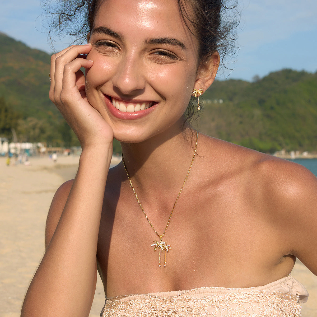 Stainless Steel Coconut Tree Necklace Earrings Bracelet Ring Jewelry Set