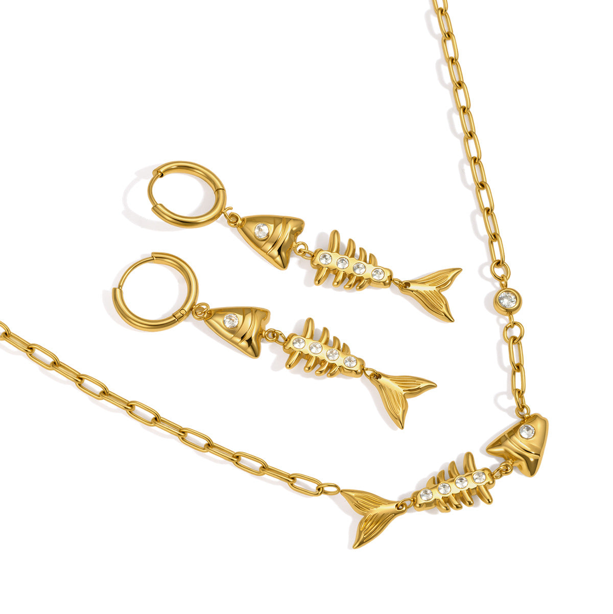 Stainless Steel Fishbone Earrings Necklace Jewelry Set