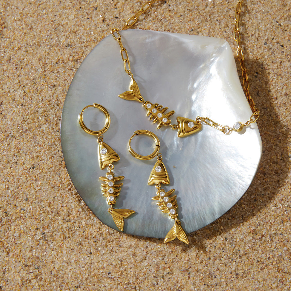 Stainless Steel Fishbone Earrings Necklace Jewelry Set