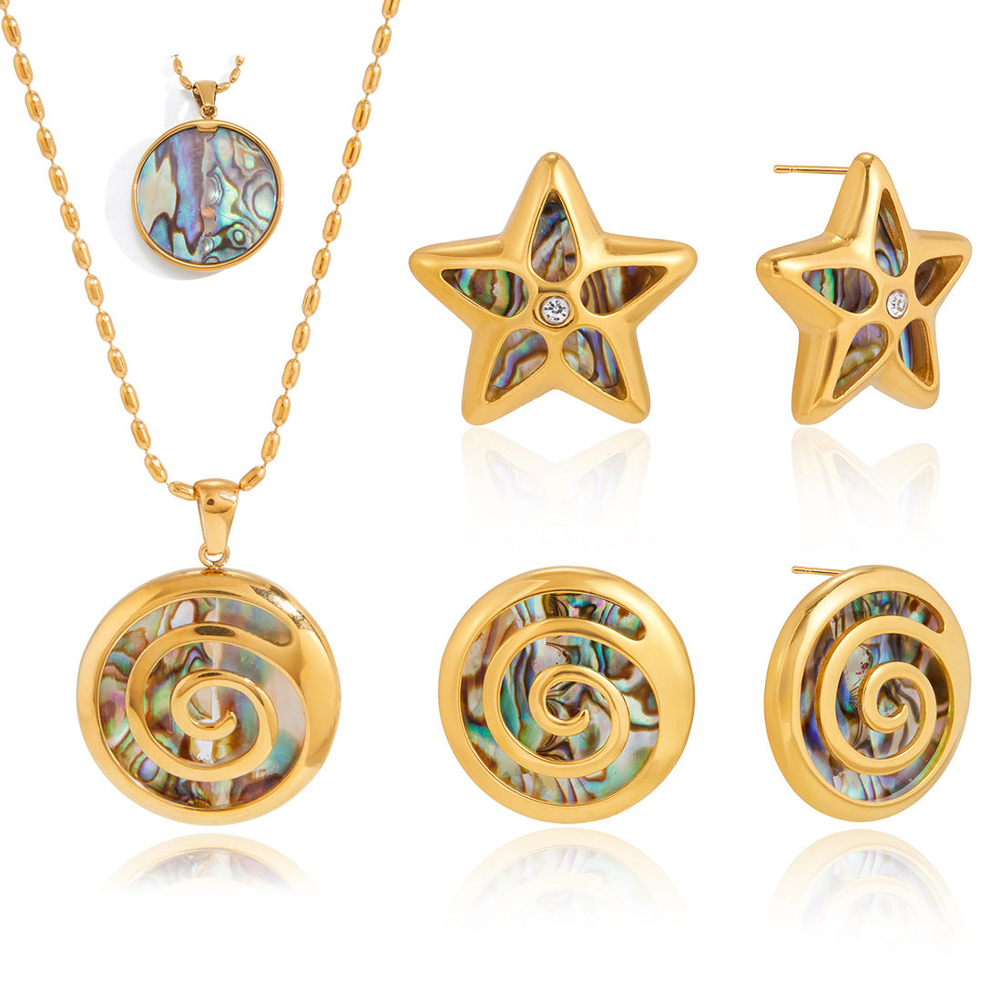 Stainless Steel Hammer Patterned Spiral Abalone Shell Necklace Earring Jewelry Set